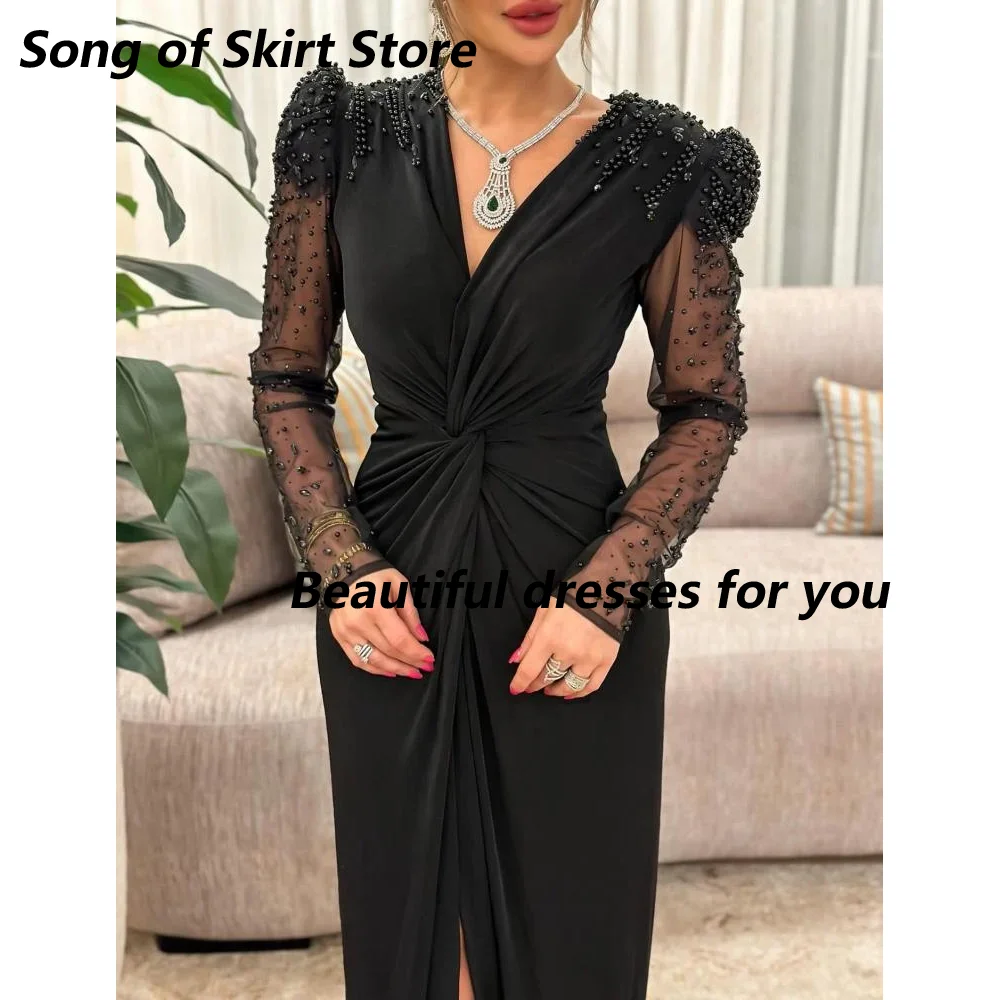 

Elegant Beads Evening Dresses for Women V-Neck Long Sleeves Straight Prom Formal Wedding Guest Special Events Customized