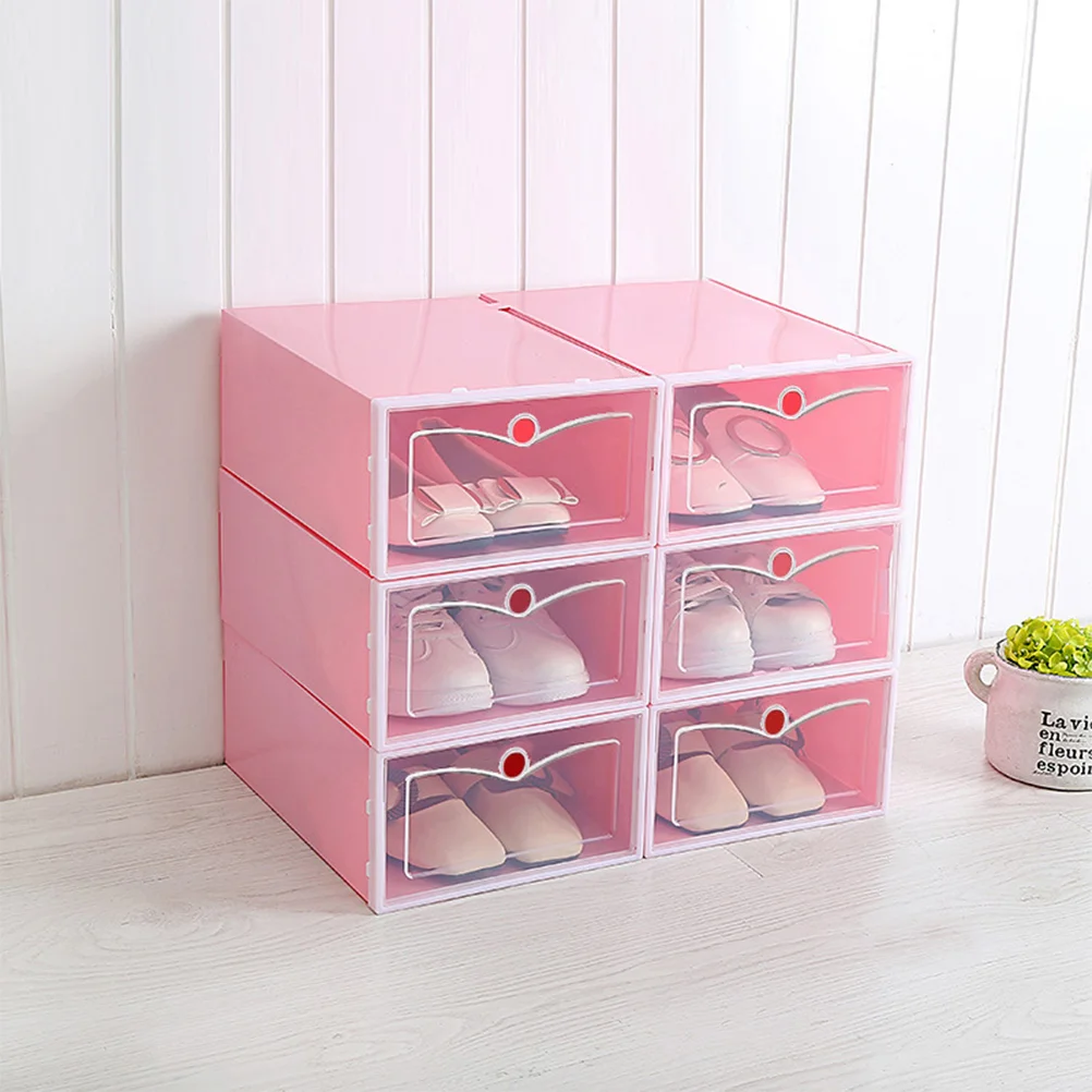 6PCS Transparent Stackable Shoes Box Thicken Shoes Storage Box Plastic Shoe Container - Size S (Pink)