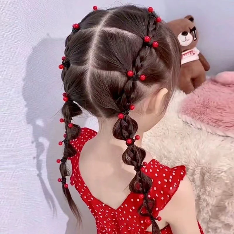 10PCS Children\'s High Elastic Rubber Bands For Girls Red Beans Ponytail Holders Hair Rope Hair Ties Cute Hair Accessories