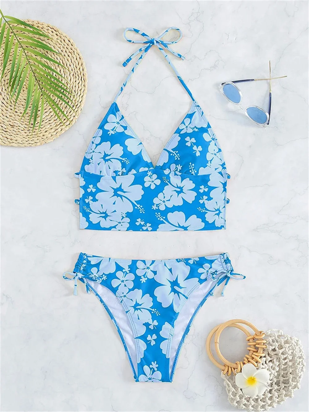 Blue Bikini Floral Swimsuit Halter String Backless Lace Up Tankini Y2K Vacation Swimwear Women Beach Outfit Bathing Suit Biquini