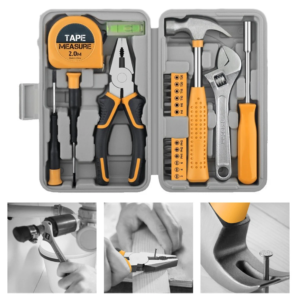 Kit de herramientas de reparación para el hogar multifuncional con alicates, llave, martillo, destornillador, cinta con caja de herramientas portátil para el hogar y la Oficina