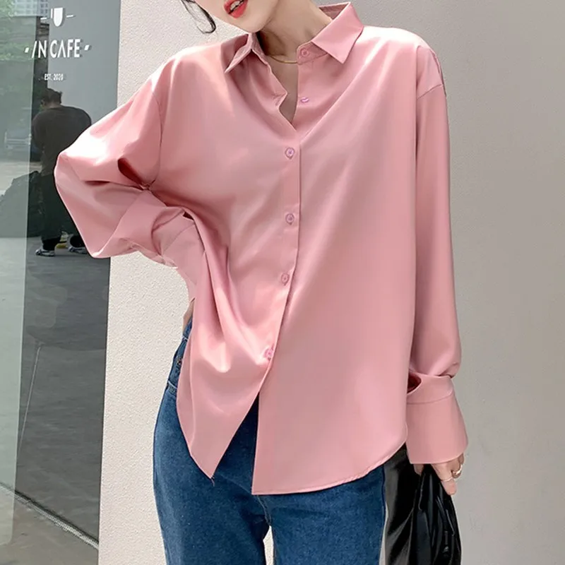 Satin Shirt Womens Clothing Silk Shirts Vintage Blouse Office Lady Sheer Top Longsleeve Dress Shirt Ladies Overshirt