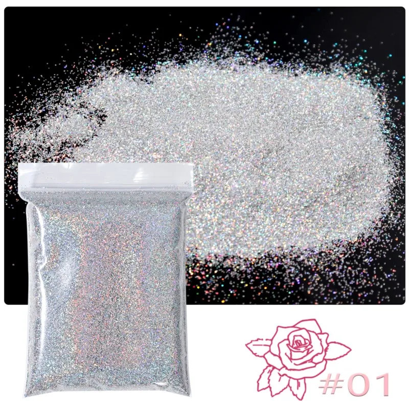 50g/Bag Laser Silver Sparkly Iridescent Nail Glitter Powder Holographic Ultra-Fine Glitter Shiny Chrome Pigment Dust for Nails