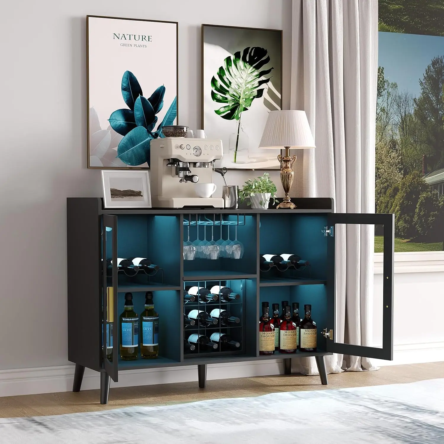 Wine Bar Cabinet with LED Light & Rack, Kitchen Buffet with Glass Holder & Door for Living Dining Room, Customized
