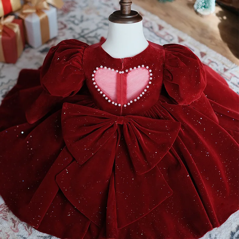 Girls Party Dresses For 3-12 Year Red Long Sleeve Gala Dress Dressess From 2023 Flower Kid Ball Elegant Catwalk Show Formal Gown