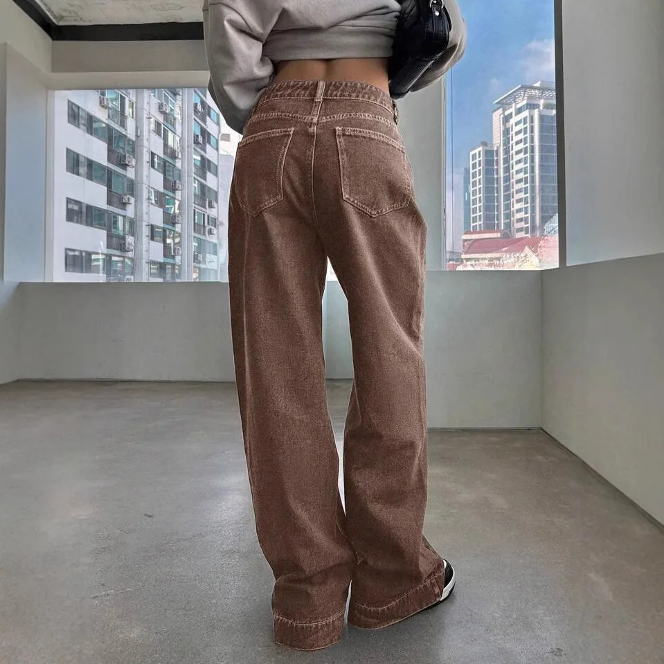 New American Style Vintage Women Brown Gradient Color Simple Basic Daily Wide Leg Straight Simpe Daily Basic Wash Jeans Pants