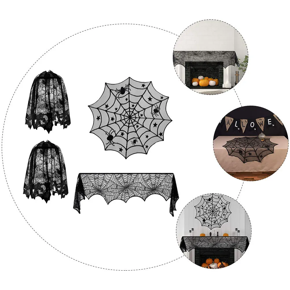 

4Pcs Halloween Lace Tablecloth Fireplace Cloth Lampshade Set Spider Web Design Halloween Tablecloth Spider Web Lampshade