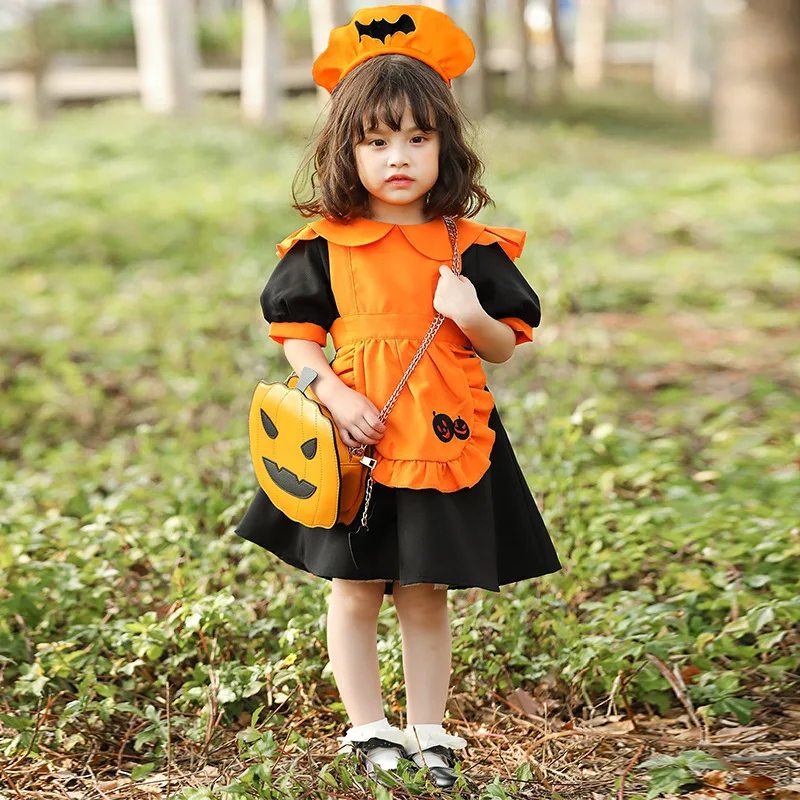 

Halloween Pumpkin Cosplay Dress Ghost Theme Party Children's Orange Batmaid