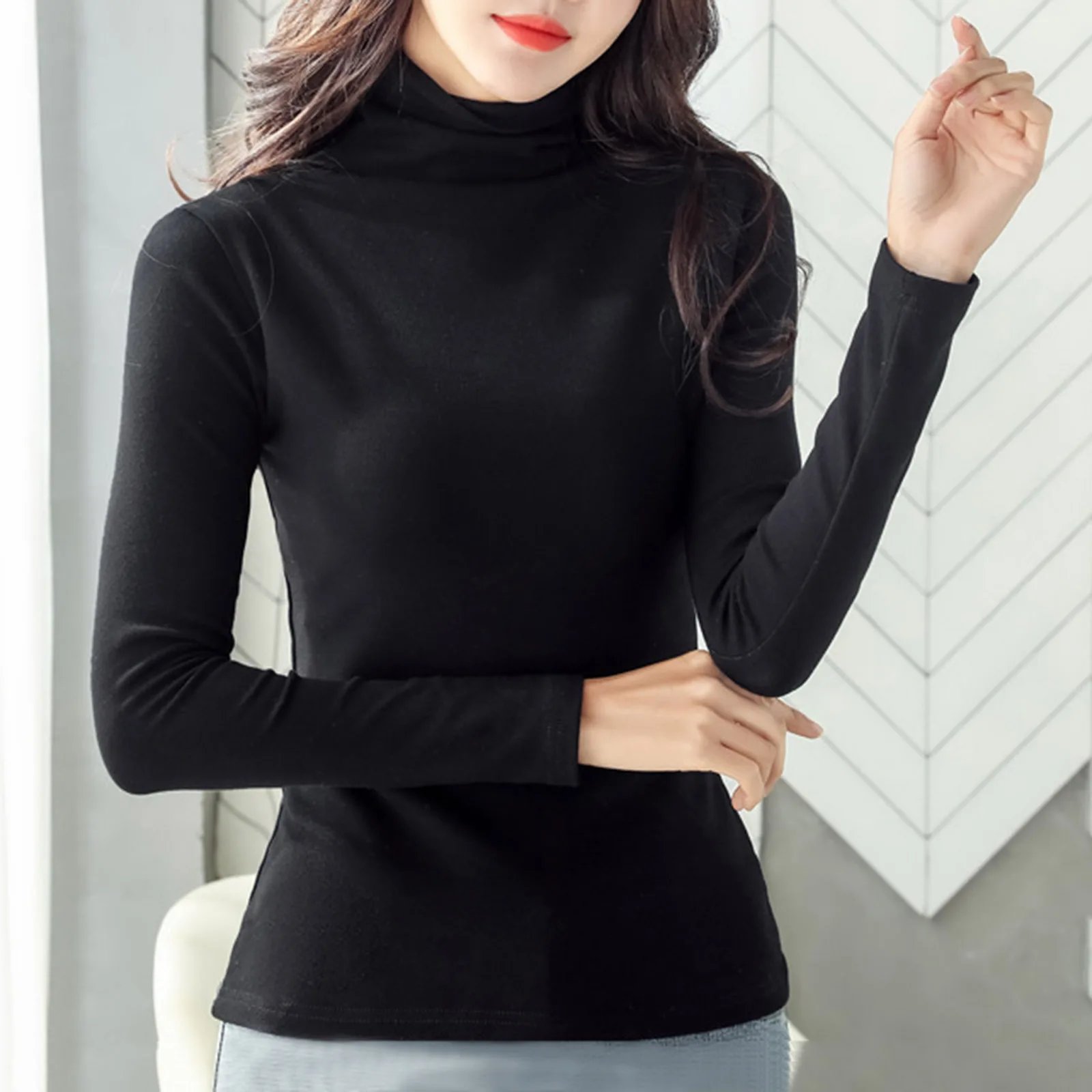 

Women's Spring And Autumn High Neck Bottoming Long Sleeve Casual Slim Fit Cotton Long Sleeve Solid Color Turtleneck T Shirt