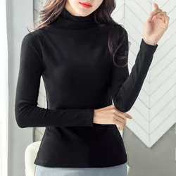 Women's Spring And Autumn High Neck Bottoming Long Sleeve Casual Slim Fit Cotton Long Sleeve Solid Color Turtleneck T Shirt