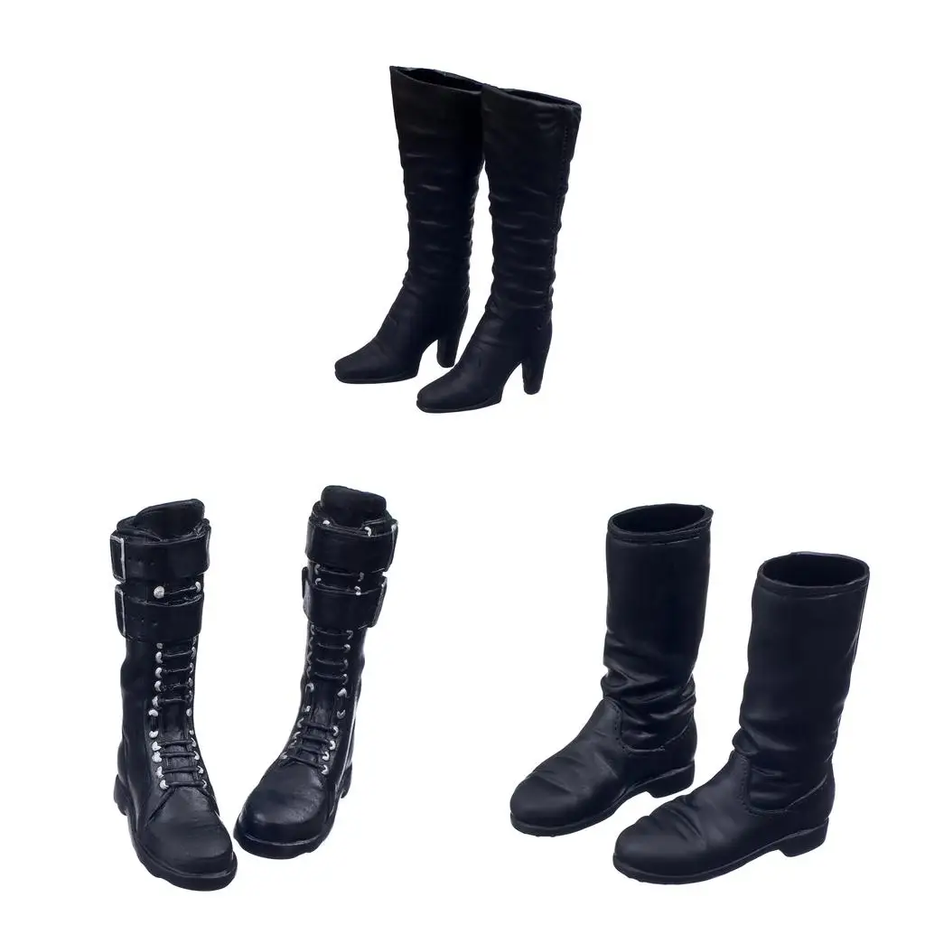 Black 1/6 Scale Long Boots Shoes for 12 Inch Female Action Figures Body