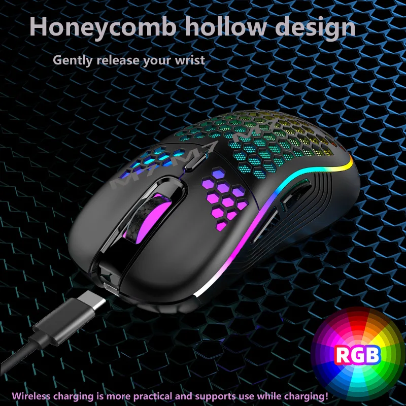 2.4G Raton inalambrico Wireless Cave recargable Lightweight Gaming Mouse Luminous 7 Color Breathing Light Computer Accessories