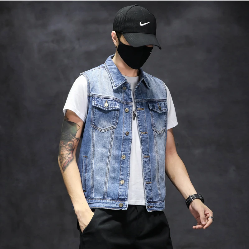 Men Blue Denim Waistcoats Vests Jackets Solid Classic Denim Coats Vests New Fashion Male Cotton Slim Black Jeans Waistcoats 6XL