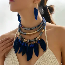 Fashion Vintage Ethnic Feather Choker Necklace Earrings Set For Women Multilayer Nekclace Earrings Jewelry Sets