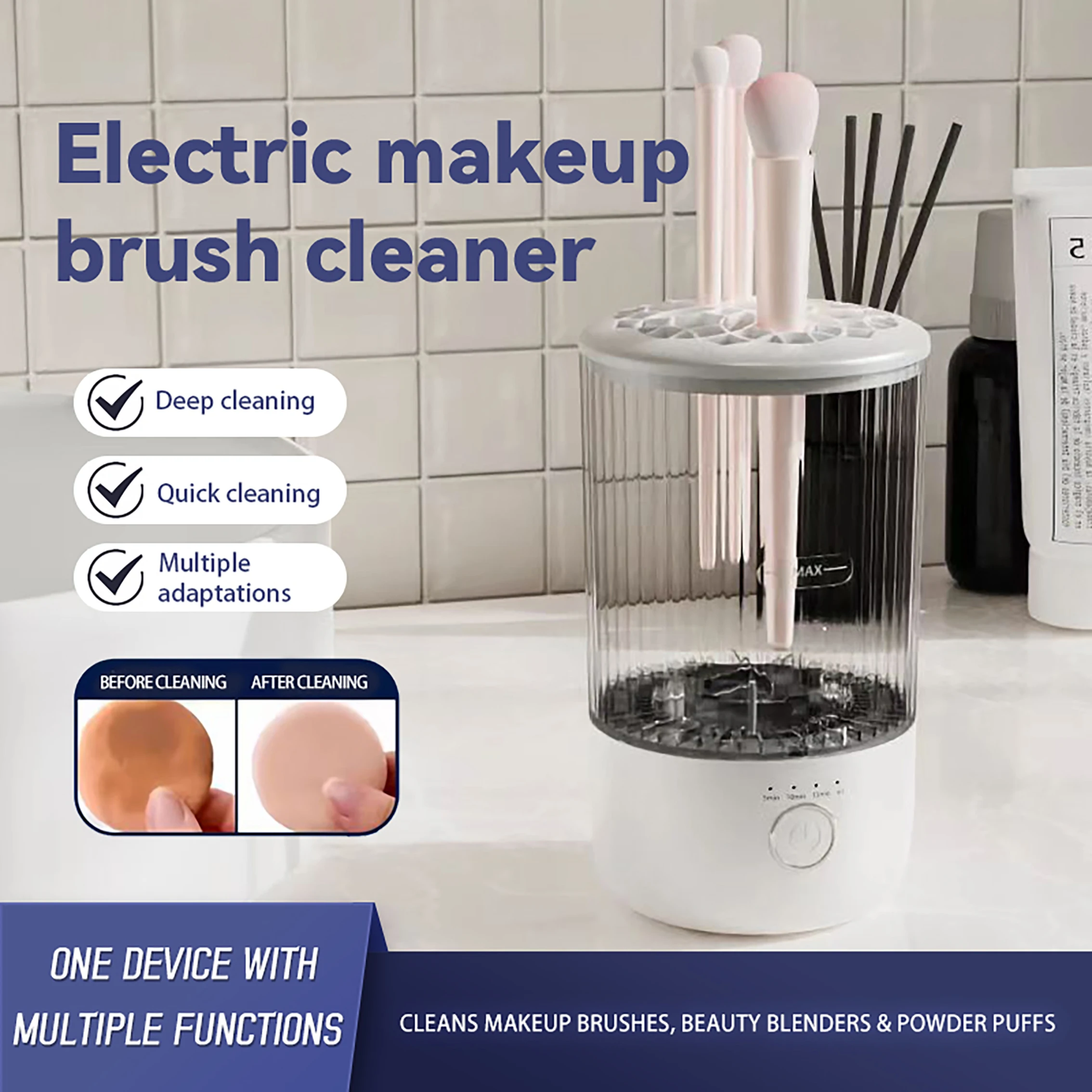 

Automatic Electric Makeup Brush Cleaner – USB Powered, High-Speed Deep Clean, for Brushes, Blenders, Puffs, No Bristle Damage