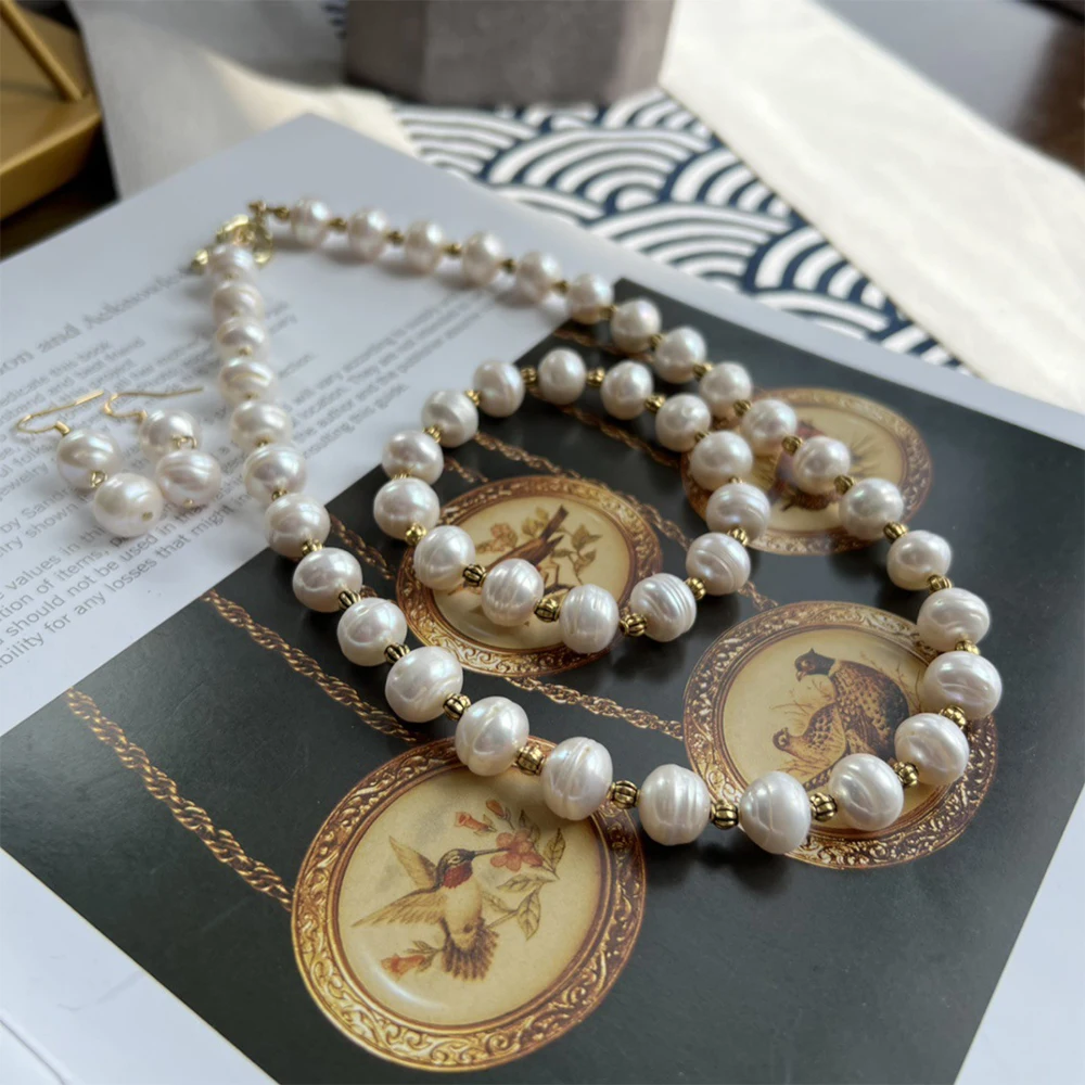 Conjunto de joias vintage Freshwater Baroque Pearl para mulheres e meninas, conjunto pulseira e brincos, moda