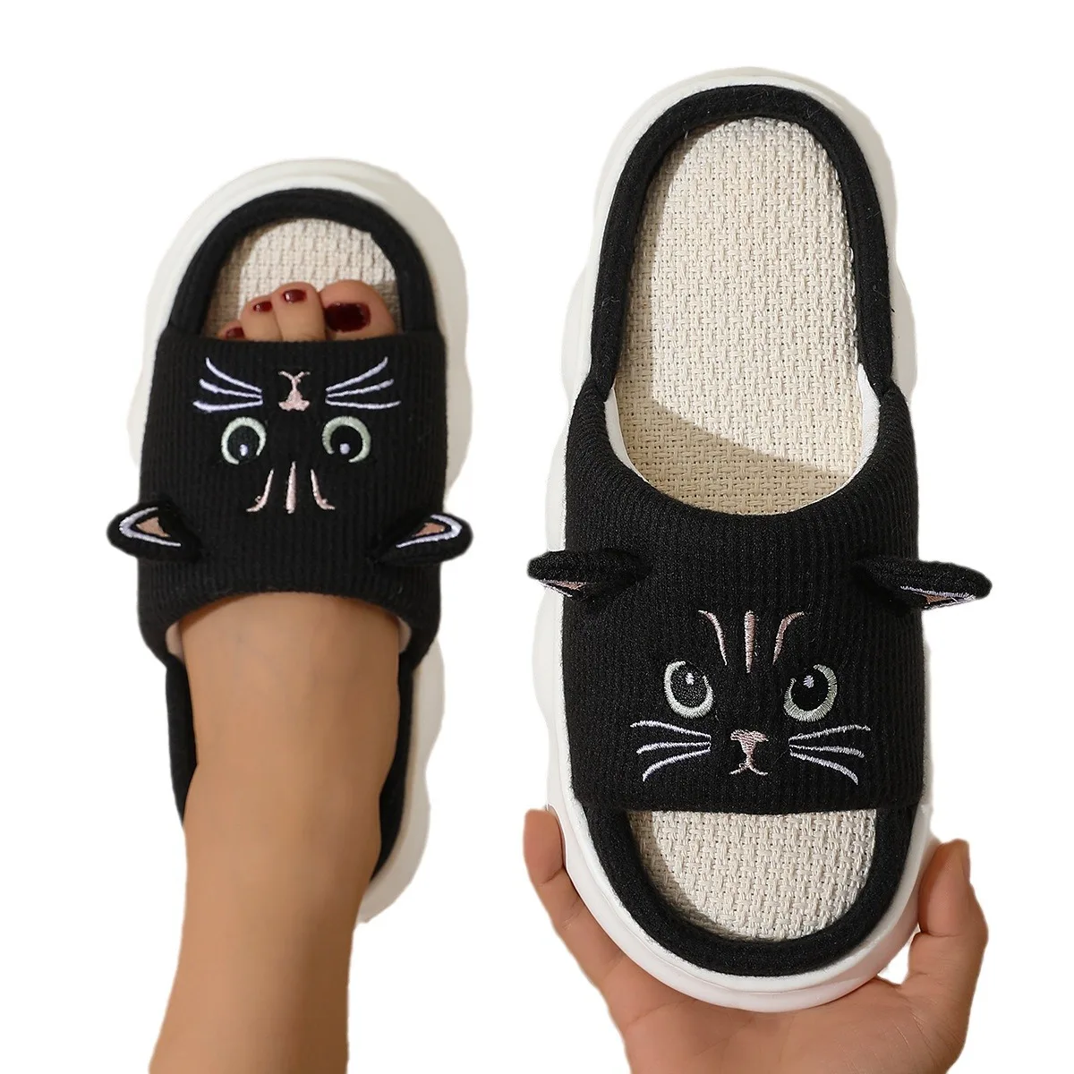 Kidmi Cute kitty Women Slippers Fashion Breathable Indoor House Slippers Sweat-absorbing Linen Antiskid Slippers Casual Slippers