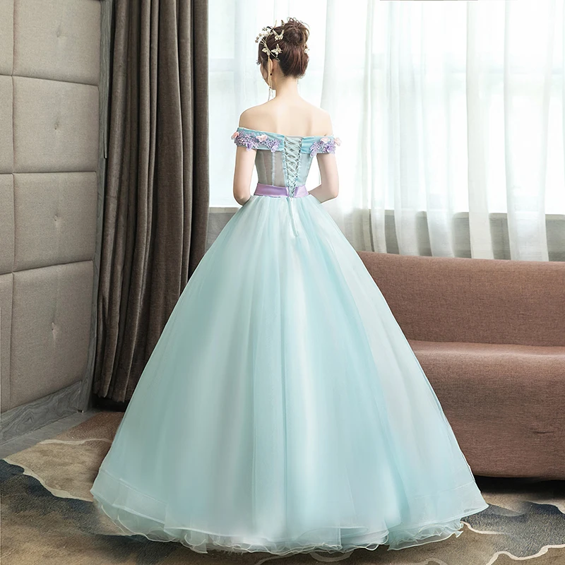 Vestidos de quinceañera elegantes, vestido de baile con apliques, hombros descubiertos, largo hasta el suelo, talla grande