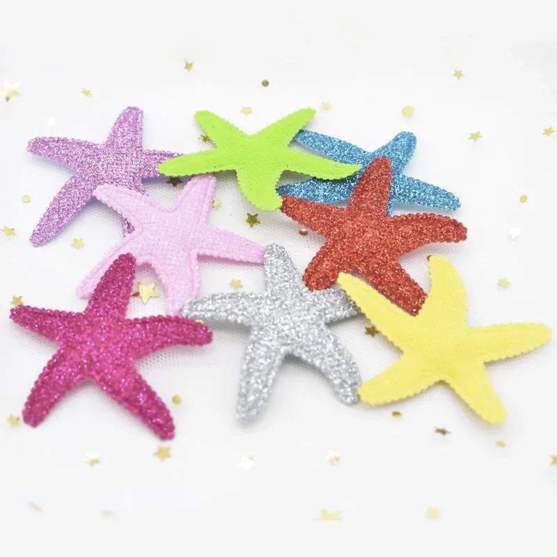 16Pcs 60*50mm Shiny Powder Glitter Fabric Padded Starfish Applique Headwear Hair Clips Patches Kids Birthday Crafts Ornament