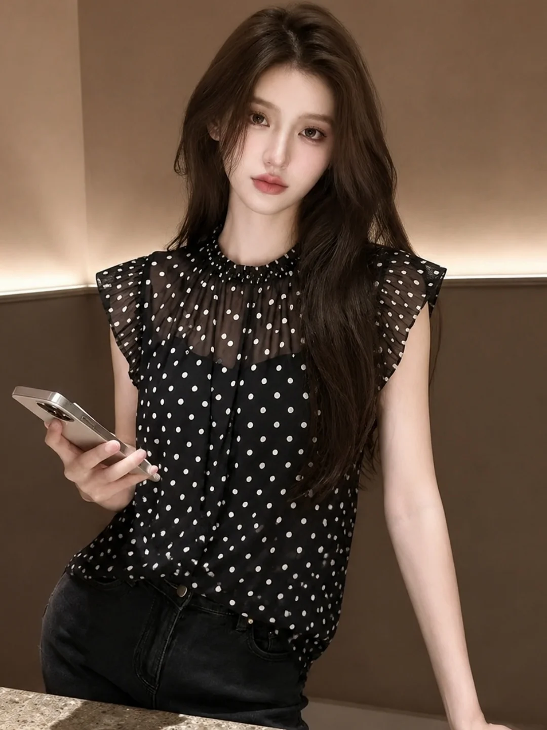 

Elegant Women's Chiffon Shirt Summer 2026 Fashionable Design Sensation Short Sleeve Stand Collar Straight Cut Korean Style