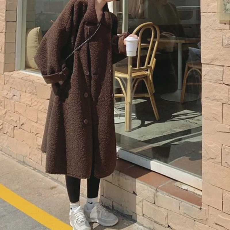 Brown Trench Coat Women's Autumn and Winter New Lamb Wool Medium and Long High Sense