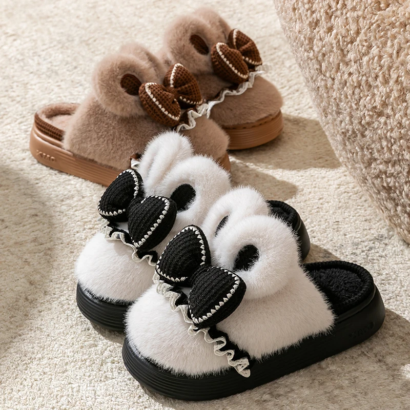 

Зимние женские толстые плюшевые хлопковые тапочки с бантом для дома, теплые и нескользящие милые хлопковые тапочки.