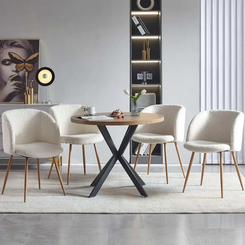 Conjunto de mesa de jantar redonda de 5 peças, tampo de mesa de MDF de 37 polegadas, conjunto de cadeiras de jantar branco de pele sintética com perna de metal de grão de madeira