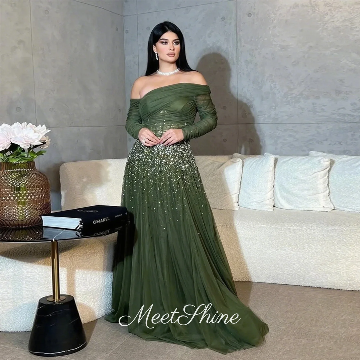 

Классическое тюлевое оливково-зеленое вечернее платье с длинными рукавами, элегантное плиссированное платье со шлейфом и кристаллами, официальное свадебное платье для выпускного вечера по индивидуальному заказу