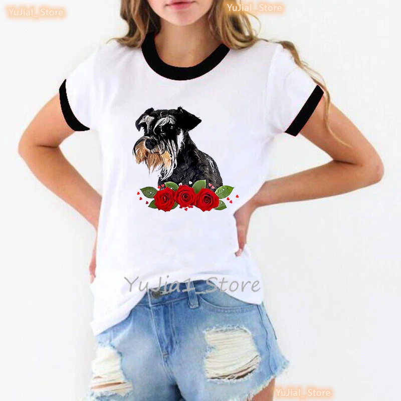 

Schnauzer/Dachshund Dog Love Rose Animal Print T Shirt Women'S Clothing Kawaii Dog Lover Tshirt Femme Summer Fashion Tops