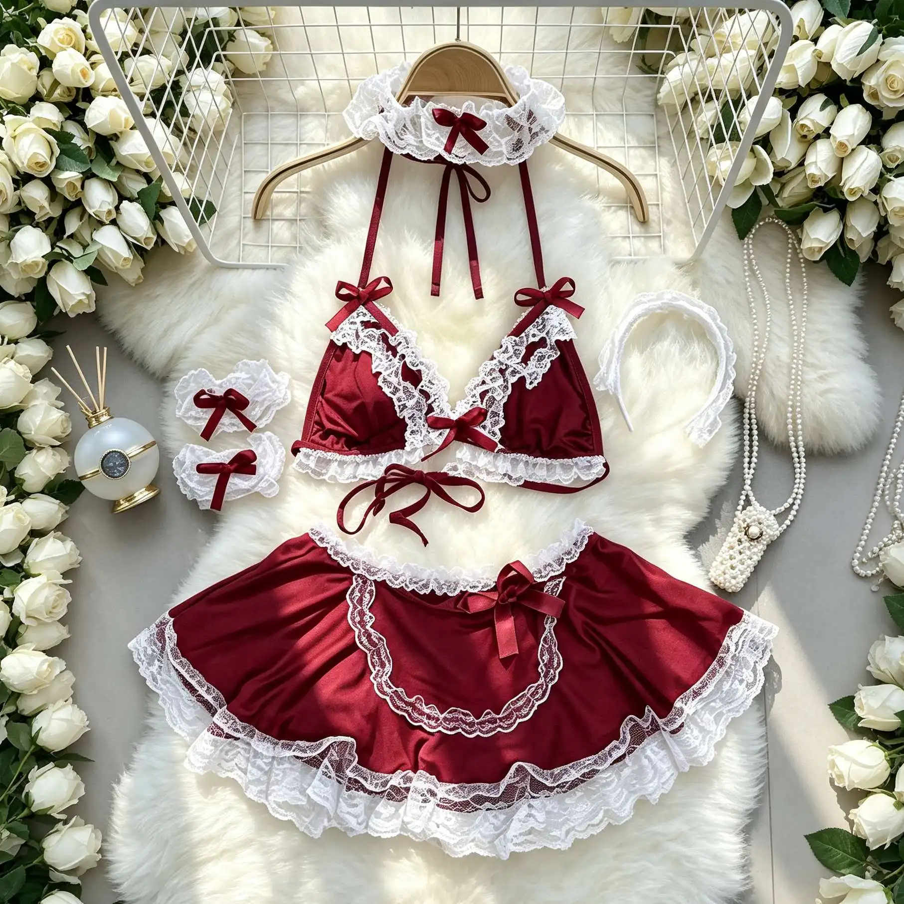 Women Lace Bra Garter Belt Lingerie Uniform Mini Skirts 2PCS Cosplay Maid Underwear Suits Babydoll Dress Sexy Club Hotsweet Sets image 2