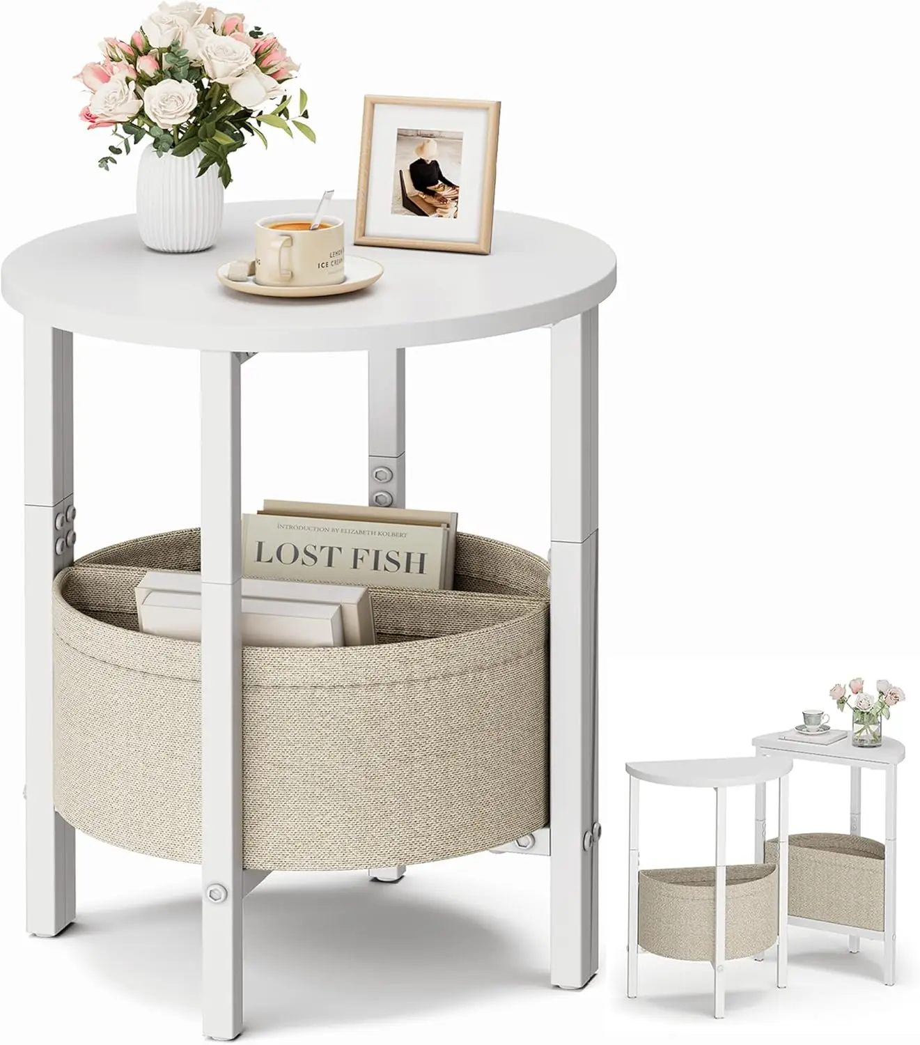 

Side Table, Small Round End Table, Tall Accent Table with Storage Basket, Set of 2 Half Round Coffee Tables Half Moon Tables, Be