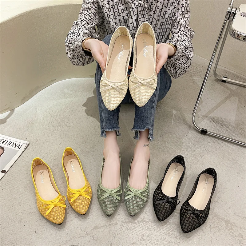 Summer Women's Shoes Mesh Lace Pointed Toe Flat Ladies Mesh Shoes Breathable Loafers Comfortable Slip on Non-slip Casual Sandals