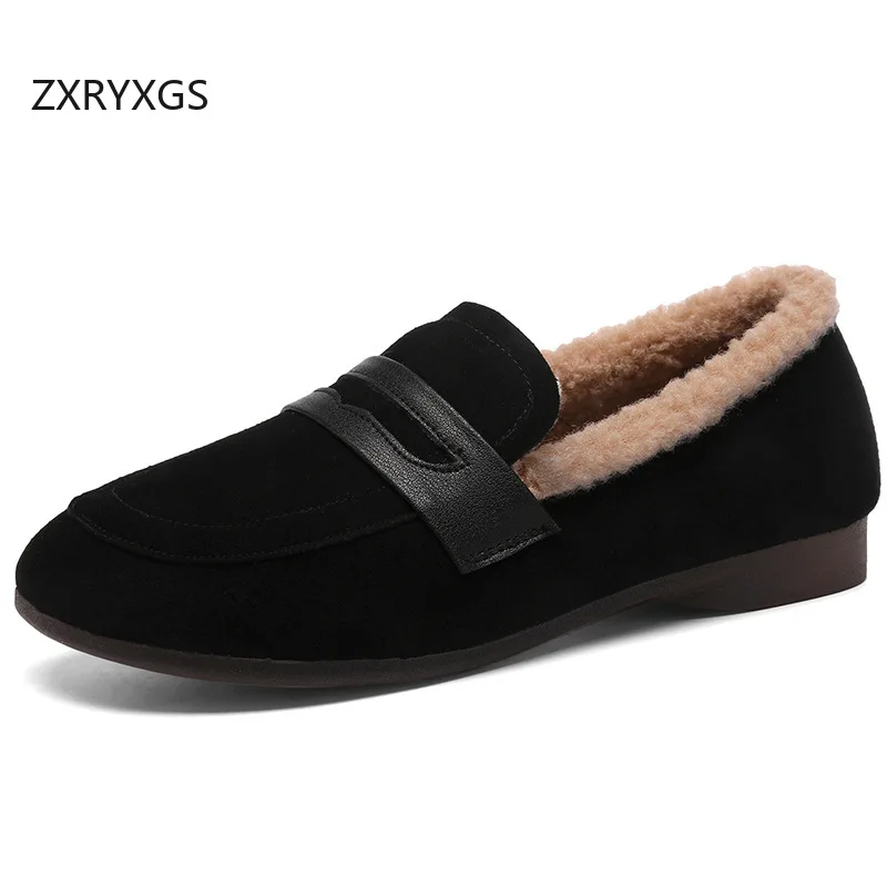 ZXRYXGS قسط البقرة المدبوغ الشتاء حذاء مسطح امرأة جديدة 2025 حجم كبير جولة تو Cimfort حذاء ثلج دافئ موضة حذاء كاجوال الشقق