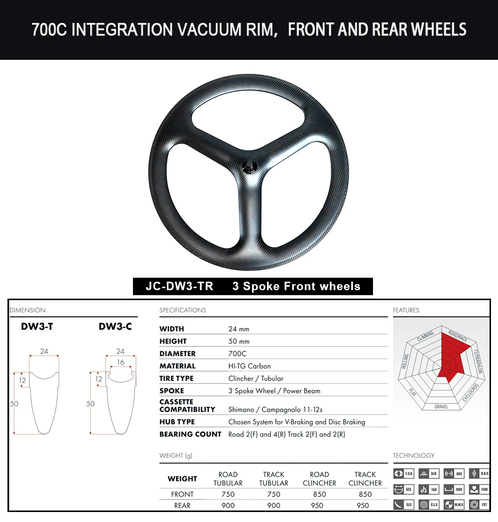 700c Carbon 3 Spoke Wheel Clincher Tubeless Road Bike Front Wheel Rim 25mm With 55mm Height Logo Custom