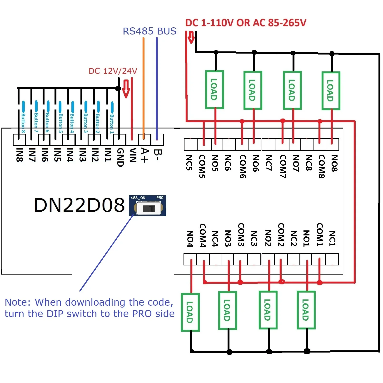 DN22D08 8 Channel Relay Expansion Board DC12V/24V RS485 8 Opto-Isolated NPN Input 4Bit Digital Tube For Arduino Nano V3.0