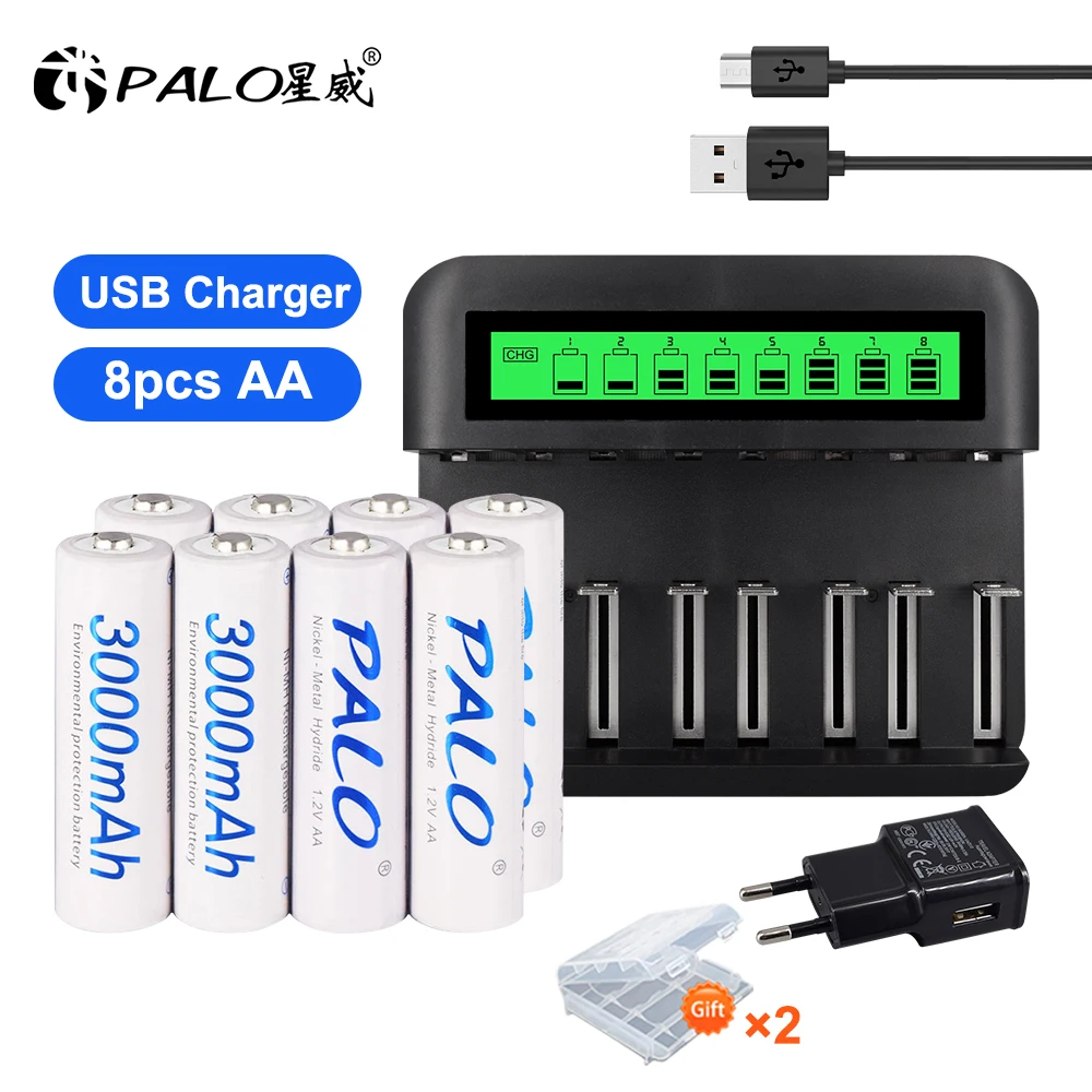 

PALO 1.2V AA Rechargeable Battery 3000mAh aa Battery and Charger for 1.2V NIMH AA/AAA/C/D Rechargeable Batteries