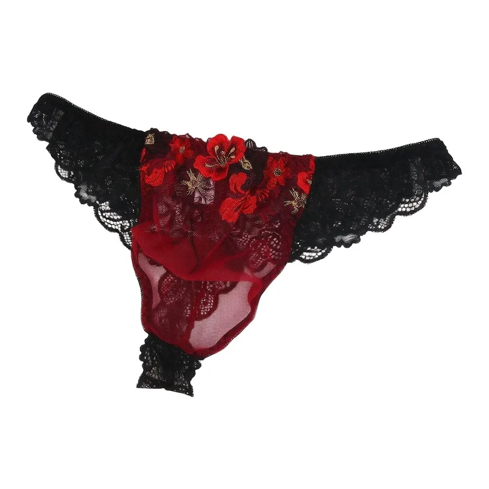 1PC Men's Mesh Floral Embroidered Lace G-String Underwear Low-waist Gay Sissy Thongs Sexy Lace Sheer Floral T-back Breathable