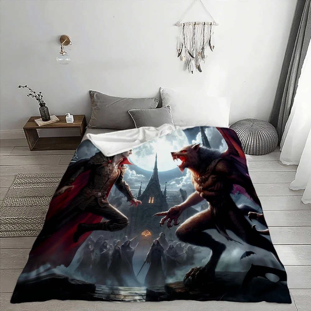 Vampire Vs Werewolf Gothic Art, Fantasy Lover Gift, Soft Fleece Blanket, Full Moon Castle Design, Cozy Home Decor Throw, Multi-P