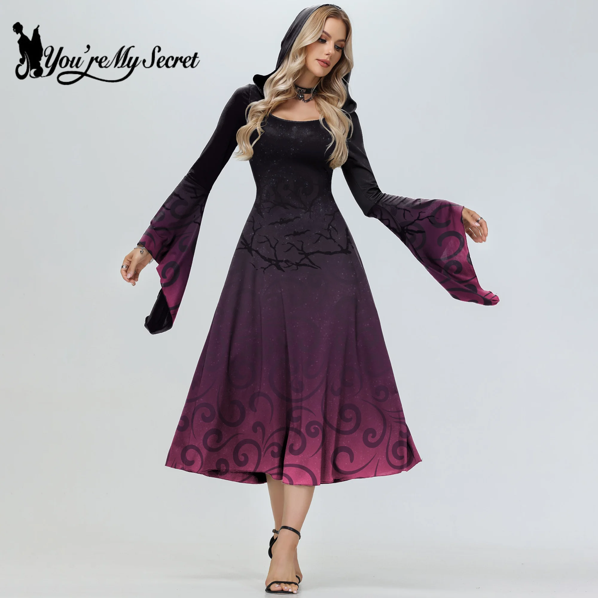 [You're My Secret] Women's Medieval RetroLadies Vintage Victorian Gothic Princess Flare Sleeve Hooded Dress Vampire Witch Robe