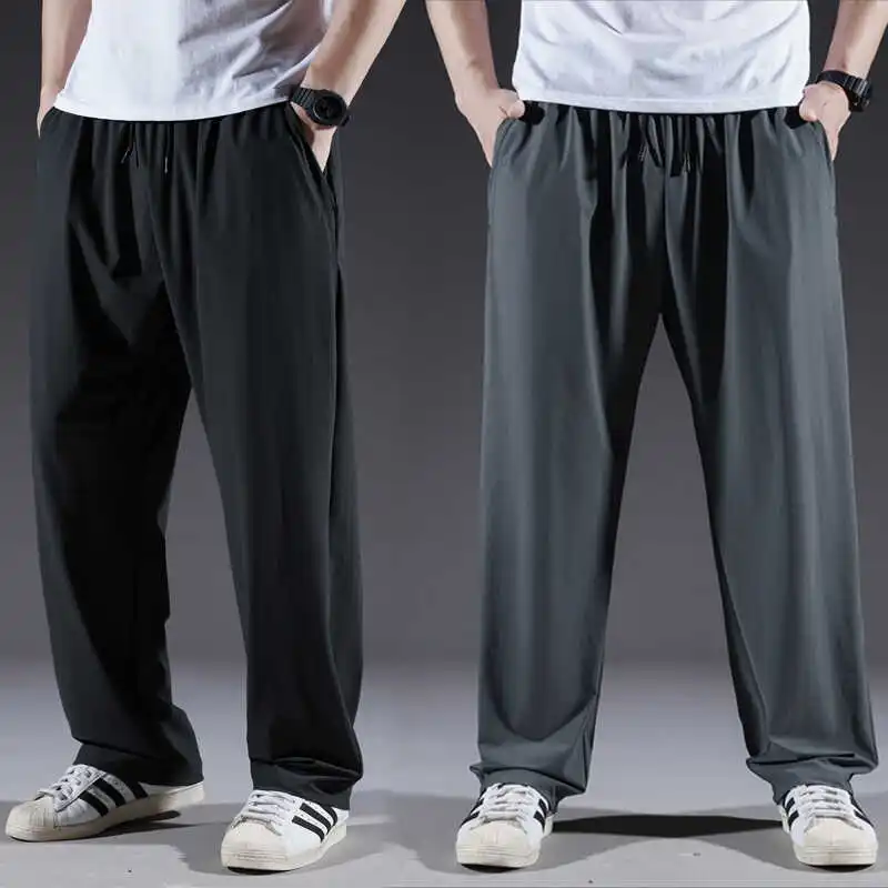 

Ice Silk Men's Sport Pants Summer Thin Elastic Loose plus Size Straight Leg Drapey Casual Long Trousers Faionable Leisure S...