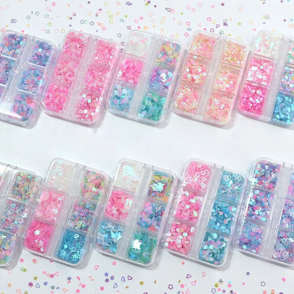 6 grades/conjunto prego glitter lantejoulas flor brilhante borboleta coração prego glitter decalques para meninas diy manicure decoração da arte do prego