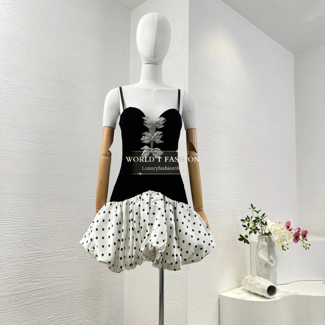 

High Quality Women's Black White Sleeveless Polka Dots Bow Mini Dress 2025 New