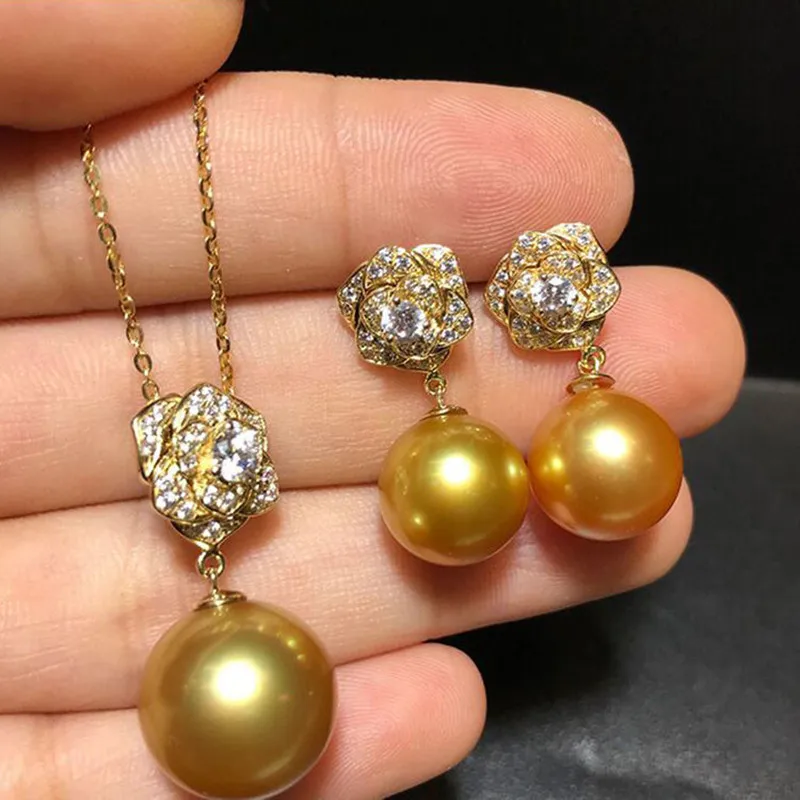 

Jewelry Sets For Women S925 Silver Pin Earrings Round Gold Created Pearl Necklace Pendant Bridal Wedding Set Fine Jewellery