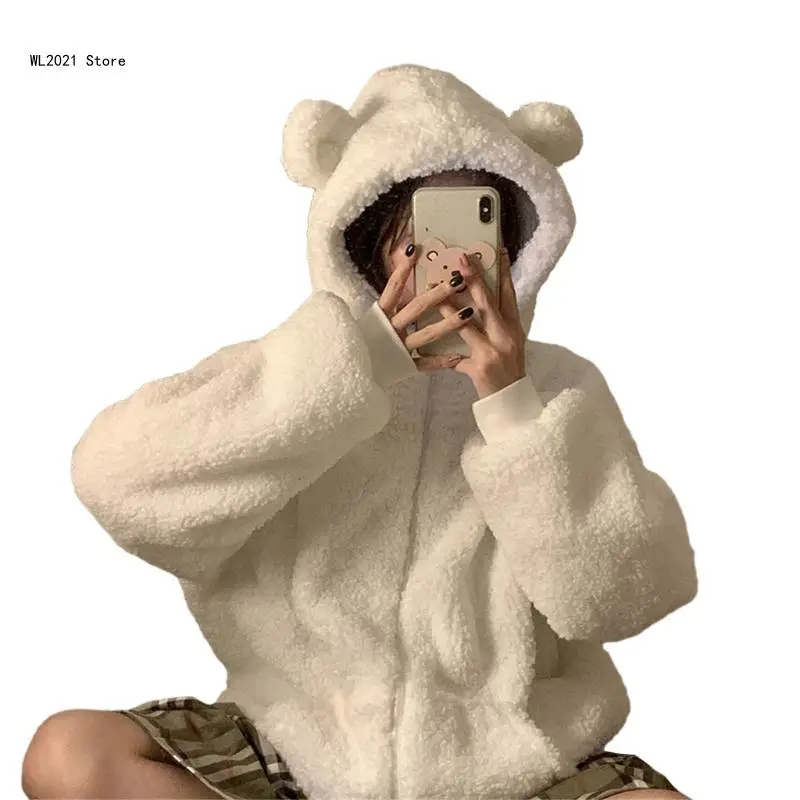 Women Cute Bear Ears Hooded Long Sleeve Fleece Jacket Zipper Up Oversized Faux Lamb Wool Sweatshirt Coat with Pockets