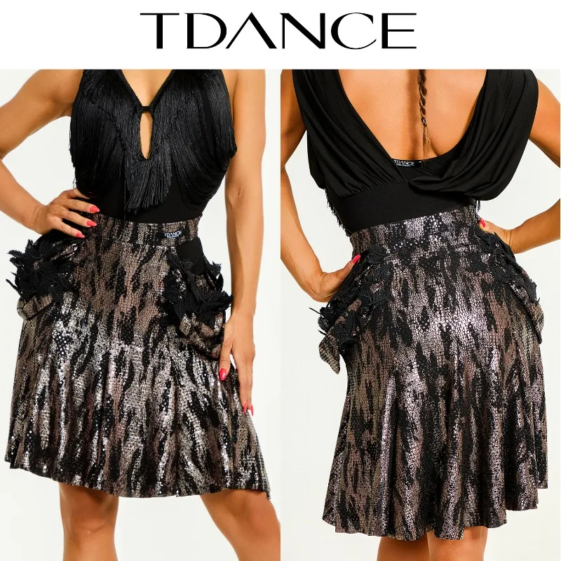 Gonna per esercizi latini TDANCE personalizzata [Mezza gonna con nastro di giunzione cava in vita] con pantaloni inferiori Grande altalena per donna adulta GL-63