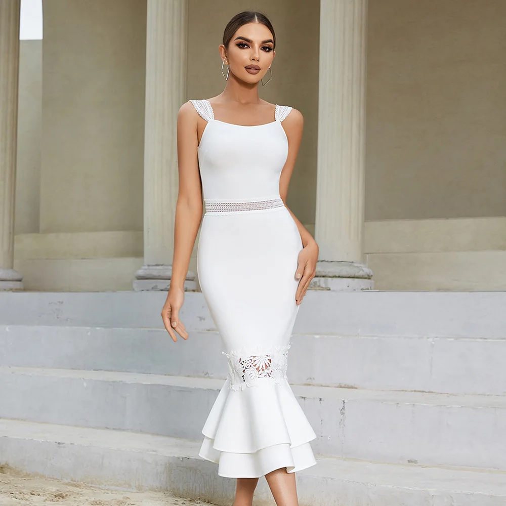 

PuTao White Women Mermaid Prom Dress Lace Bandge Party Gown Strap Sleeveless Slim Fit Elegant Wedding Homcoming Robes In Stock