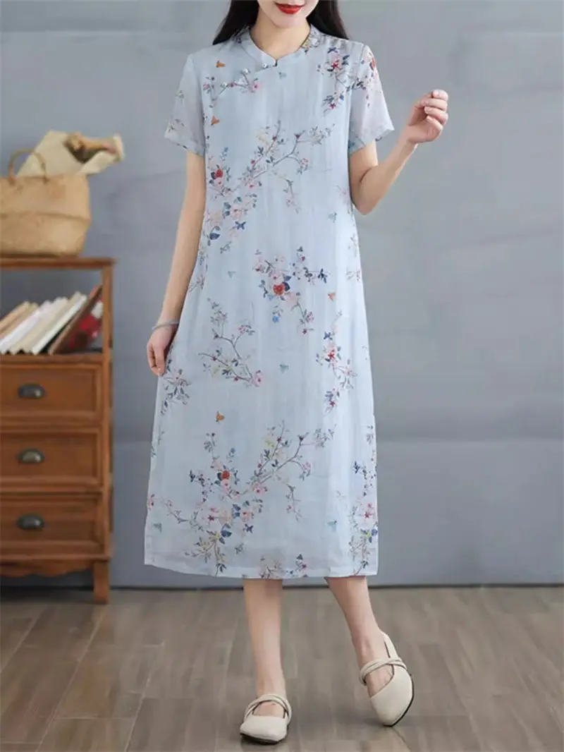 

Retro Chinese Style Improved Cheongsam Dress Women's Summer Temperament Literary Artistic Slanted Collar Button Up Qipao K1465