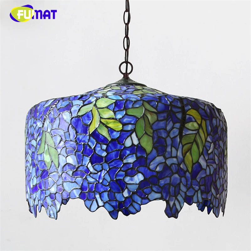 FUMAT Tiffany Style Pendant Lamp Stained Glass Luminaria Luxury Blue Wisteria Shade Hanging Lights Fixture Living Bed Room Decor