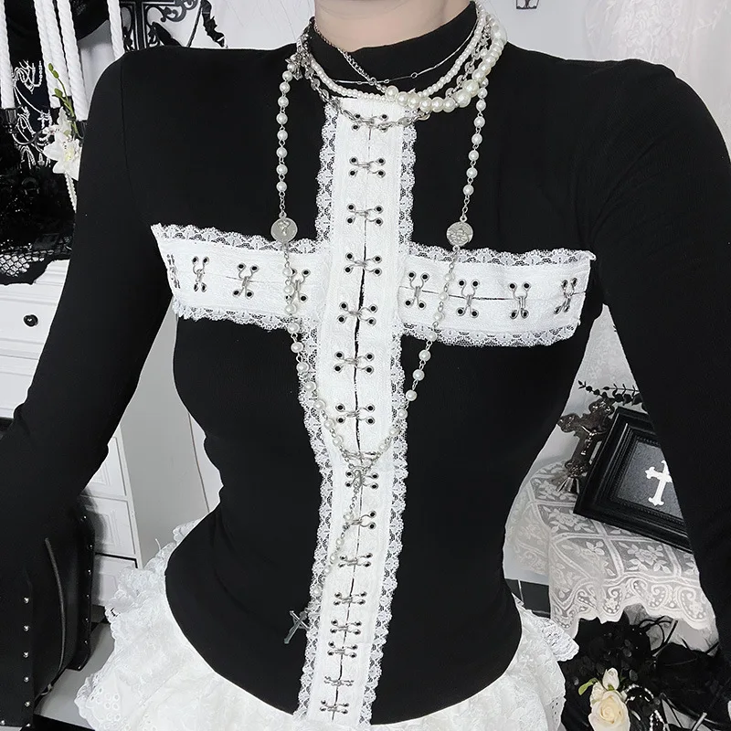 Dunkelverzierte weiße Kreuz-Langarm-T-Shirts Mall Goth Harajuku Slim Tops Damen Basic Casual Top Tees Gothic Kleidung