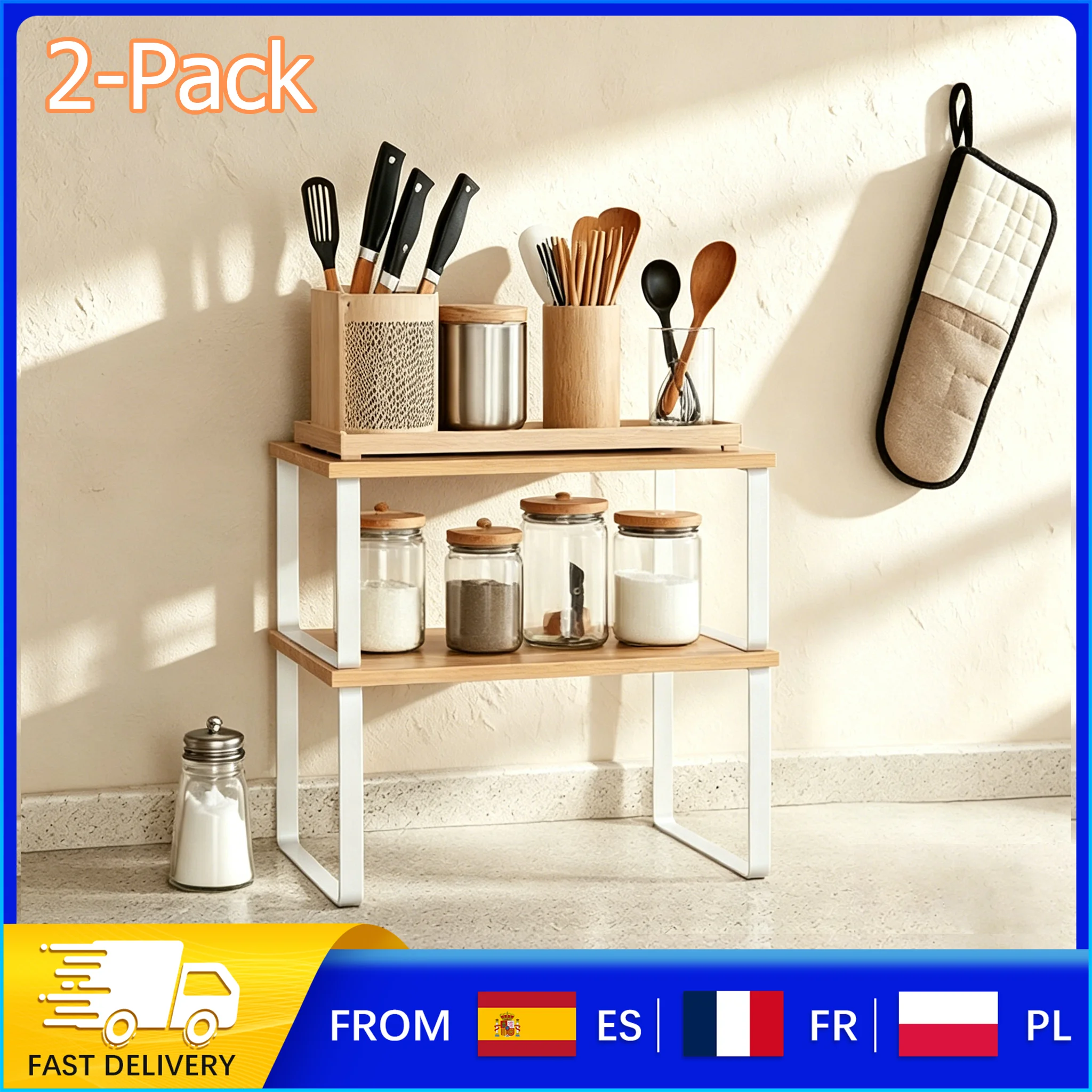 Organizador de Especias de Madera y Metal, Capacidad de Carga de 6 kg, Estante de Cocina Apilable de 2 Niveles para Condimentos, Tazas y Comida para Gatos